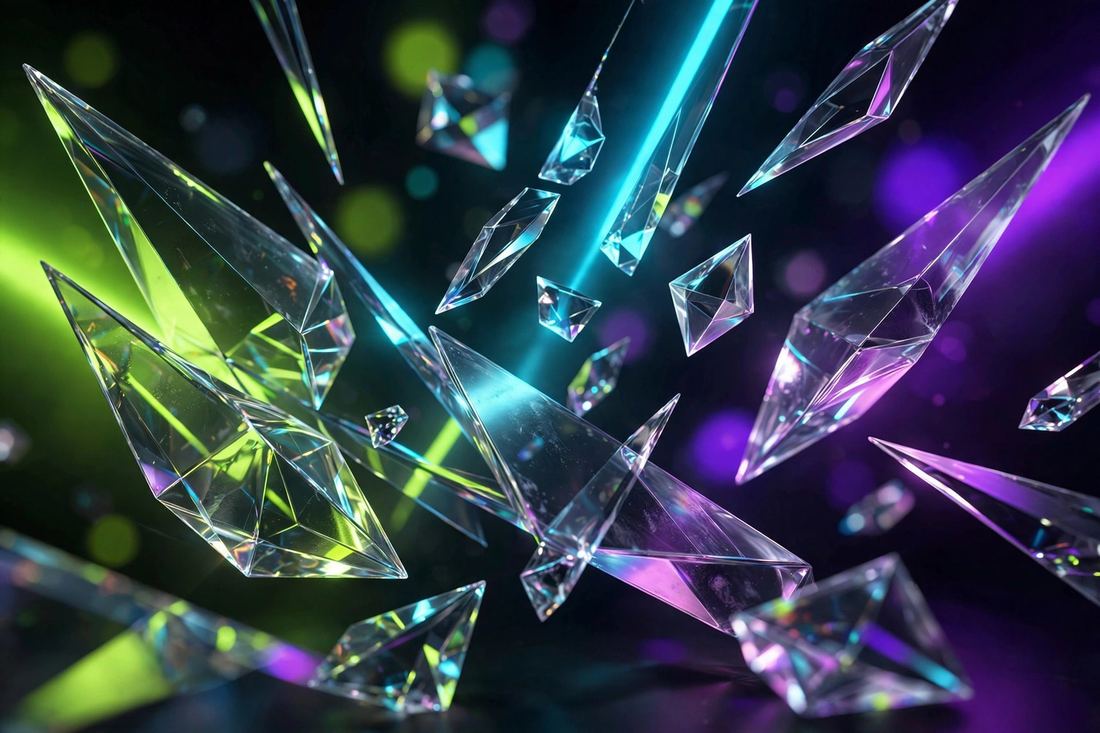 Abstract 3D glass prisms refracting lime, violet and cyan light