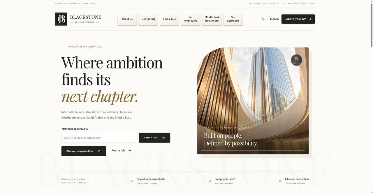 Blackstone UK Recruitment website homepage, built and launched with HealOra